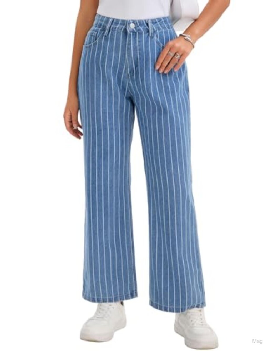 Wide Leg Striped Denim Jeans Relaxed Fit High Rise Cotton Blend